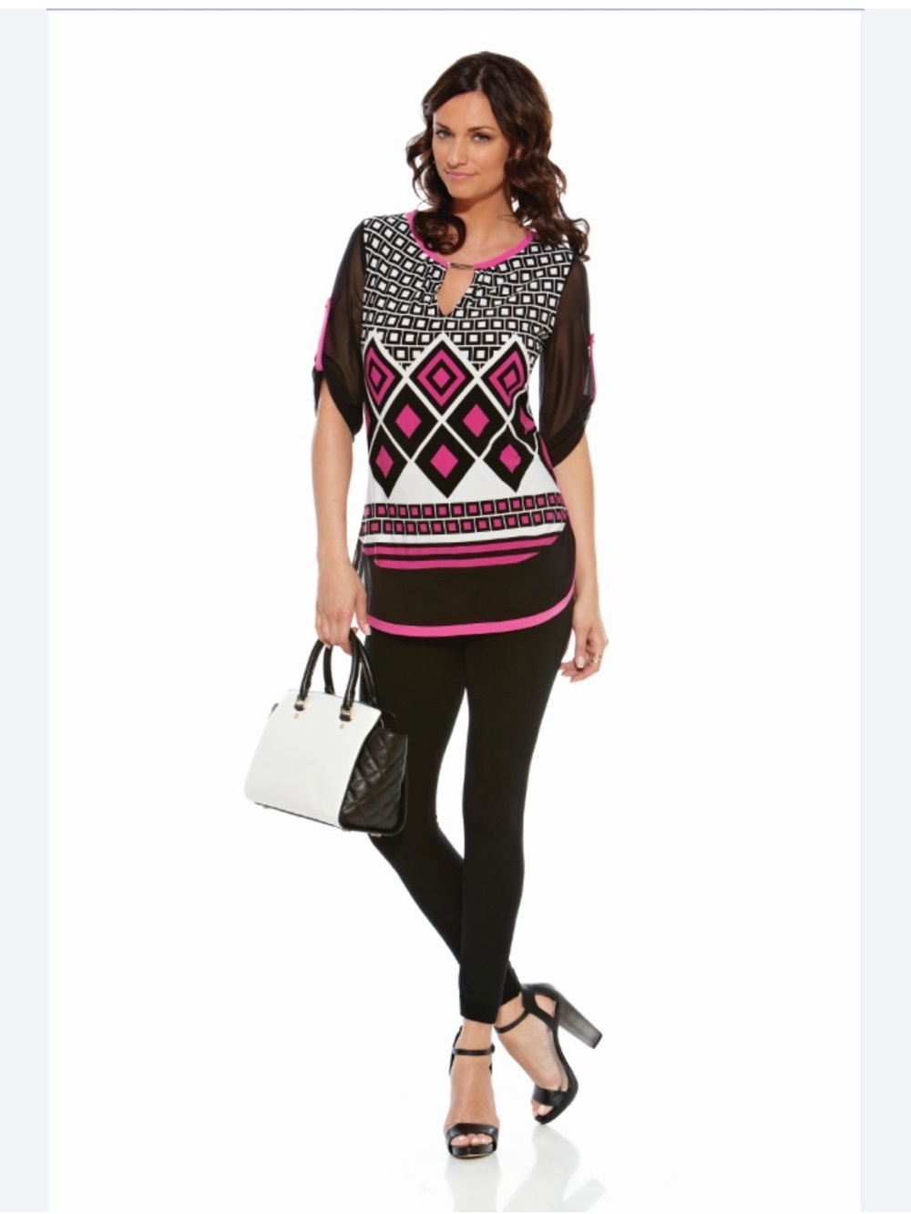 Joseph Ribkoff Black Pink White Geometric Tunic Size 4 Style 161769 Roll Tab